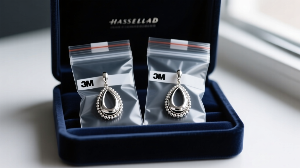 Silver teardrop earrings stored in anti-tarnish ziplock bags with 3M prevention strips inside a dark velvet jewelry box
