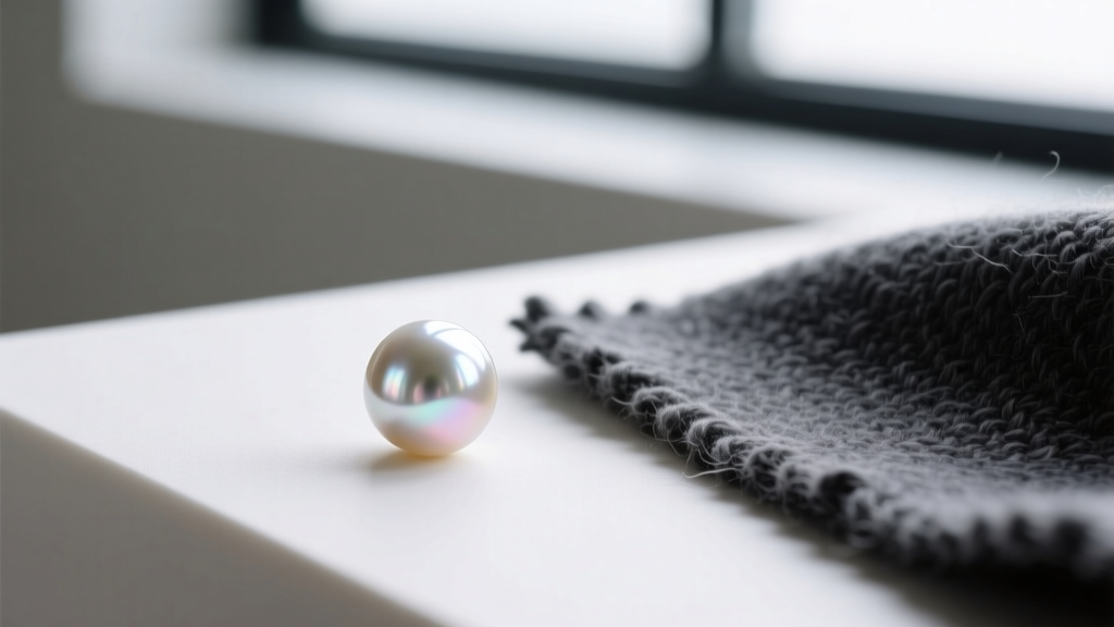 Macro shot of a 9mm South Sea pearl revealing silver overtones, resting beside a heavily textured charcoal wool fabric swatch.