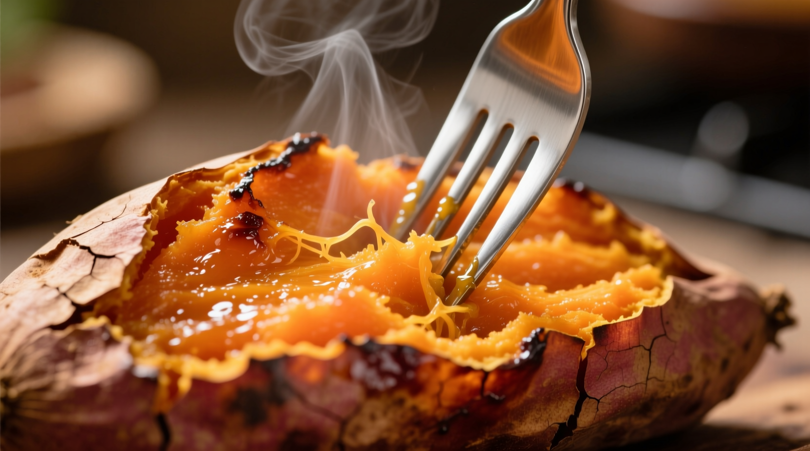 Close-up of perfectly cooked sweet potato with fork