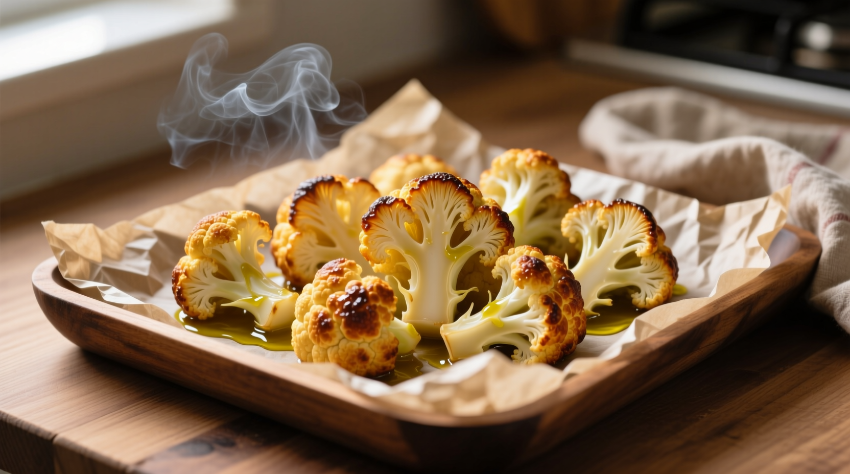 Golden baked cauliflower florets on parchment paper