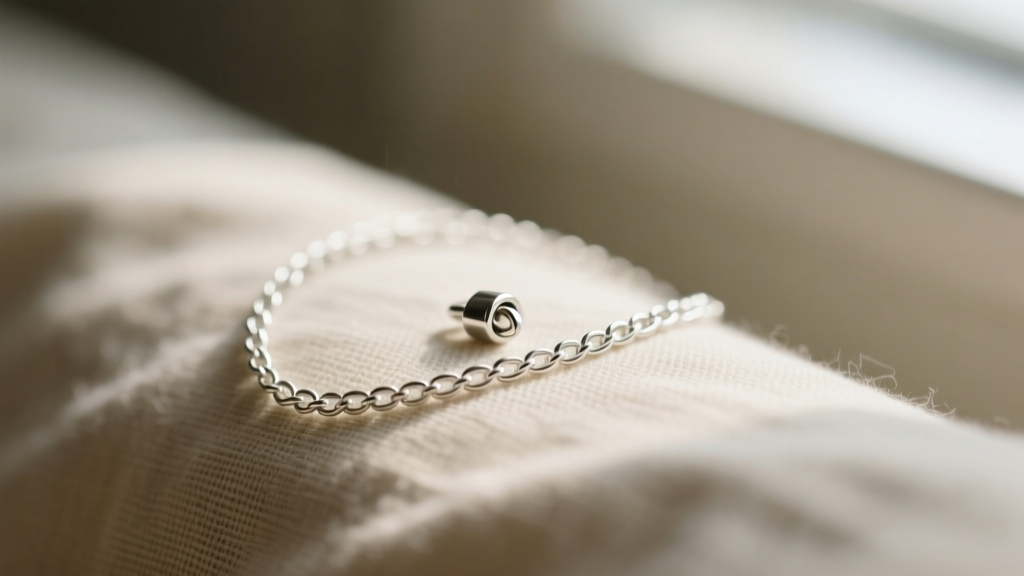 Macro view of a tangled 1mm sterling silver box chain, showing a small pendant bail resting on neutral beige linen fabric.