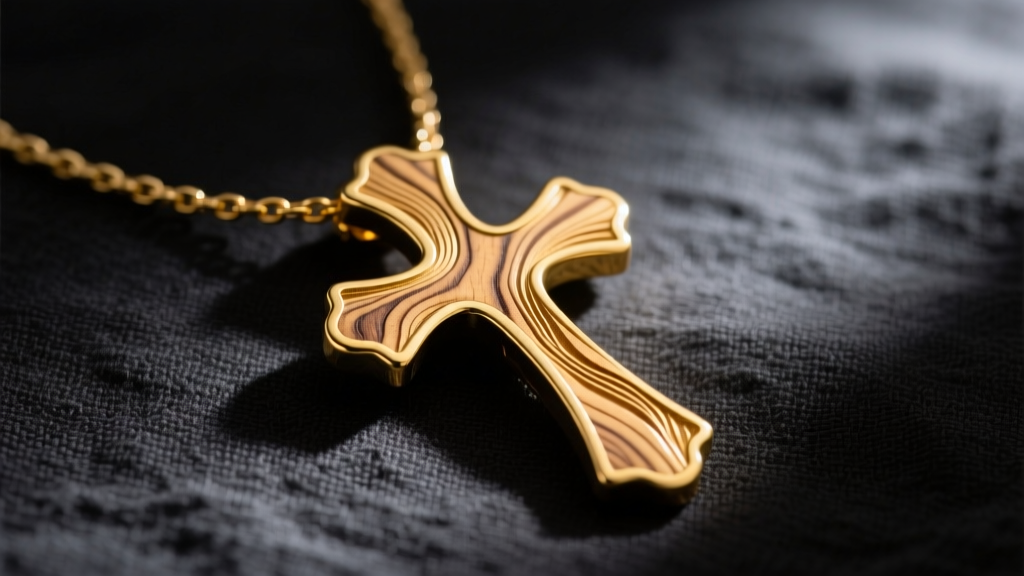 Close-up of a hand-carved 14k yellow gold tau cross necklace on dark linen, highlighting the textured woodgrain metal finish.