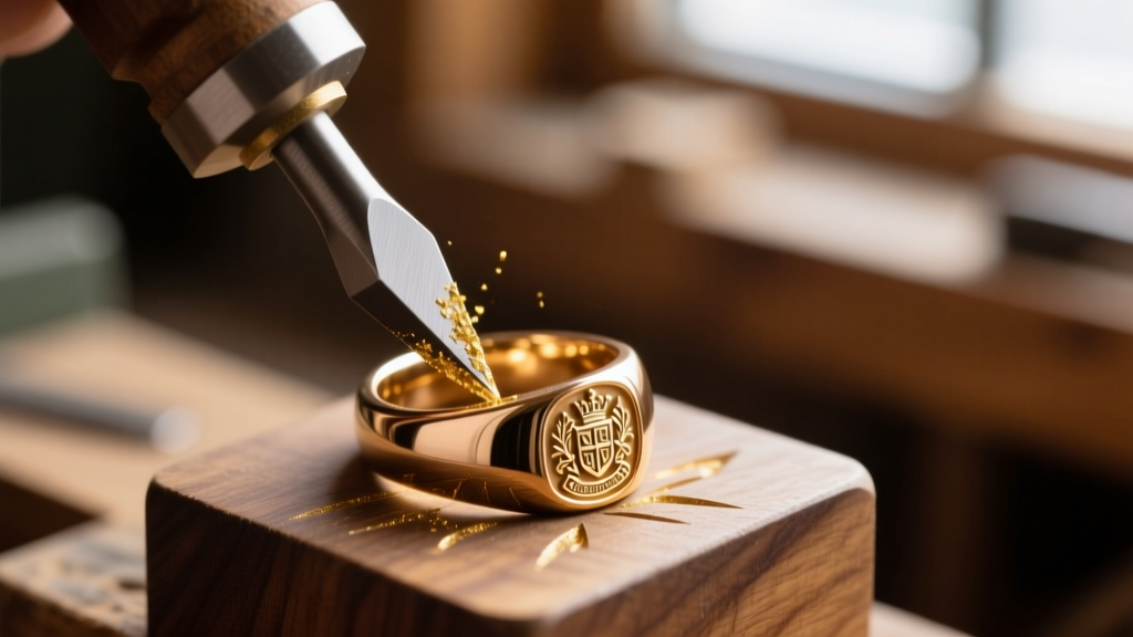 Close-up of a graver tool carving a custom crest impression into an 18k rose gold signet ring secured in a wooden bench pin.