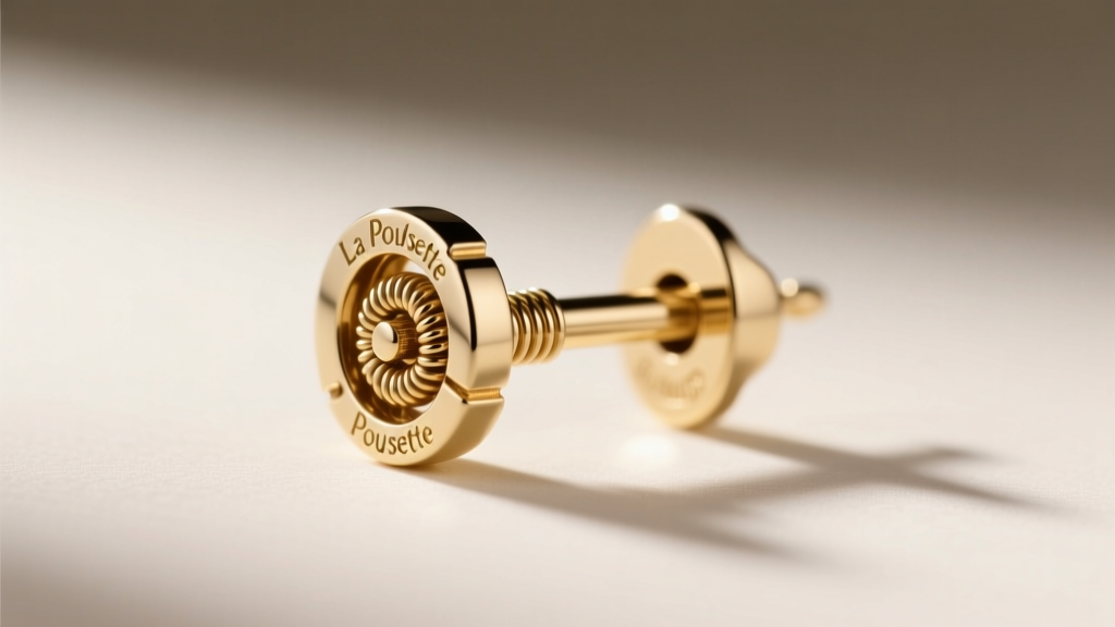 Macro shot of a 14k white gold earring post with a secure La Pousette locking clutch, highlighting the intricate spring mechanism.