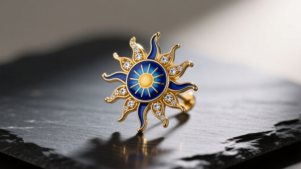 Vintage celestial sun earring with blue vitreous enamel and diamond rays, resting on dark slate under soft directional lighting.