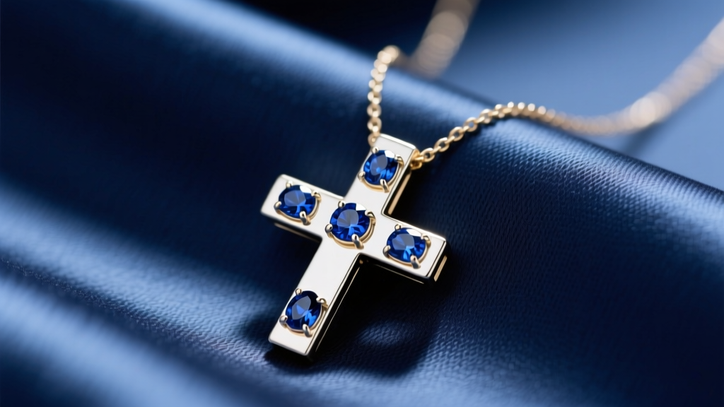Close-up of a delicate white gold cross necklace on blue silk, featuring deep blue sapphire cabochons in secure bezel settings.