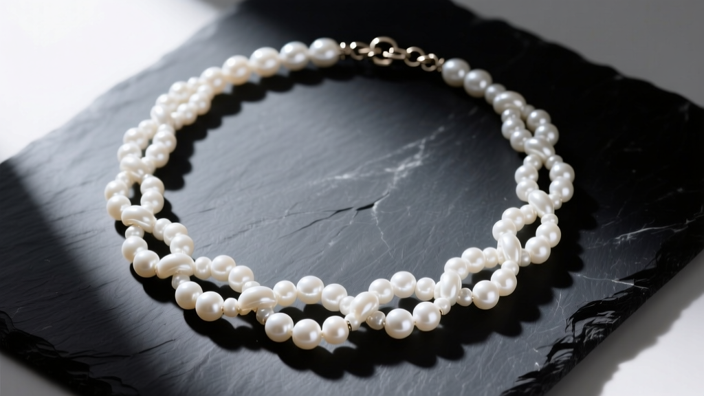 Overhead shot of a beautifully knotted necklace with white freshwater pearls laid out on a dark slate jewelry workbench.