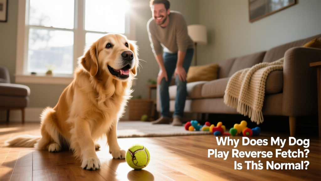 A happy dog dropping a toy at their owner's feet and looking up expectantly