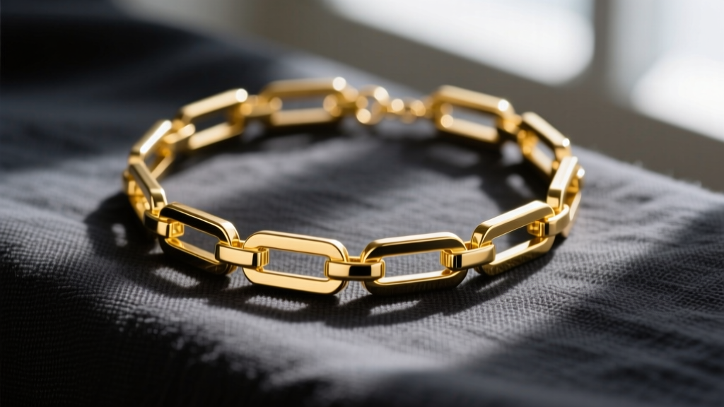 Close-up of a polished 14k yellow gold paperclip link necklace on dark charcoal linen, highlighting elongated rectangular links.