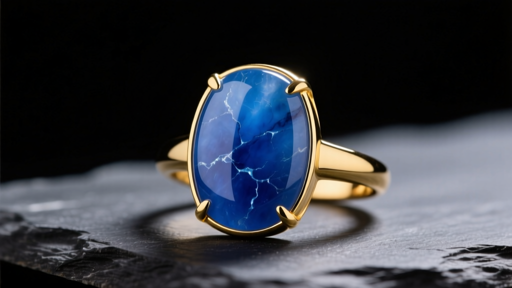 Close-up of a polished Olmec blue jadeite cabochon ring set in 18k yellow gold on dark slate under soft studio lighting.