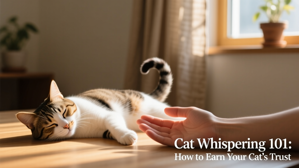 A relaxed cat lying on its side next to a person’s hand, eyes half-closed, tail gently curled