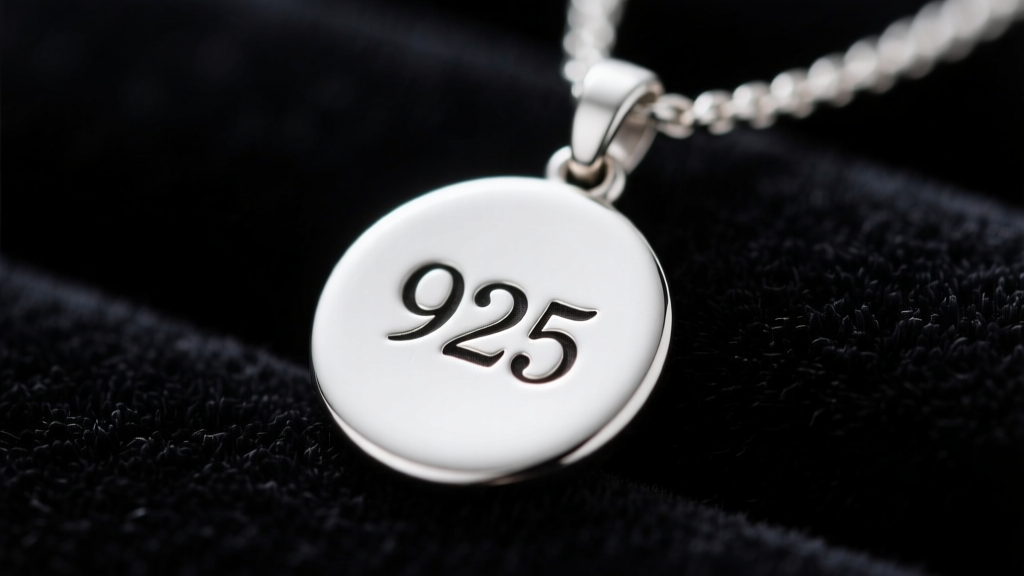 Close-up of a sterling silver pendant stamped with 925 resting on dark velvet, soft studio lighting highlighting the small hallmark.