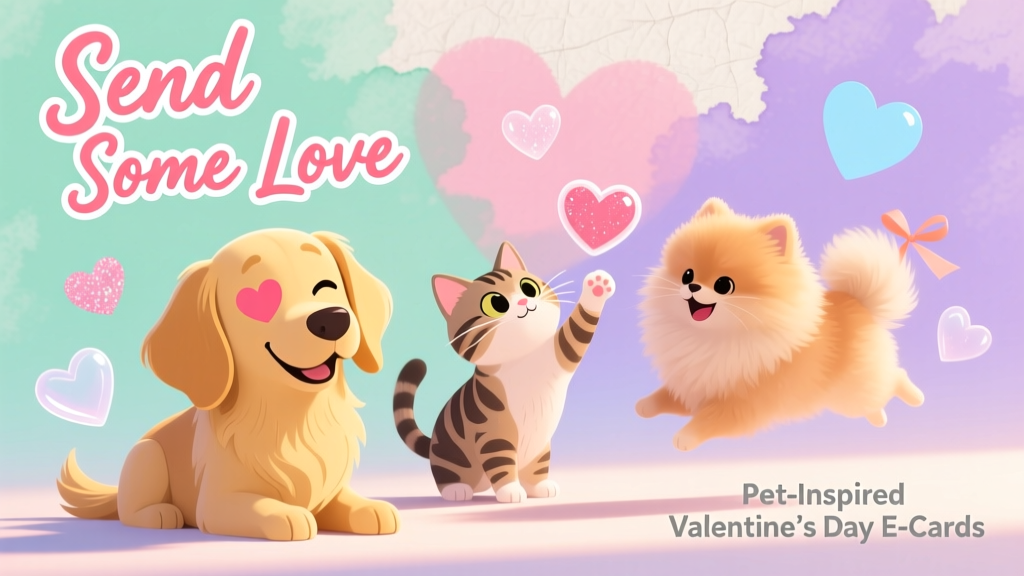 A playful collage of dogs, cats, and hearts on a pastel background, styled as a digital greeting card