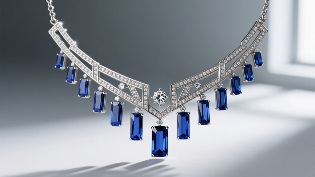 Close-up macro photo of a 1920s platinum Art Deco necklace with geometric diamond and calibre-cut synthetic sapphire baguettes.
