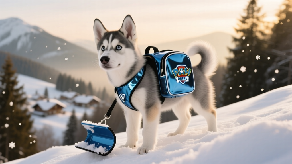 A Husky puppy wearing a miniature snow-plow backpack, standing confidently in snowy terrain