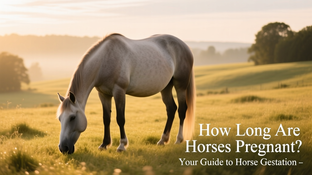 A serene mare grazing in a sunlit pasture, visibly pregnant with a rounded abdomen