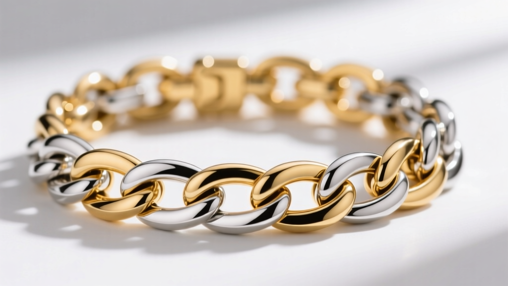 Macro shot of a two-tone 14k gold and sterling silver Cuban link bracelet showing distinct color contrast and interlocking links