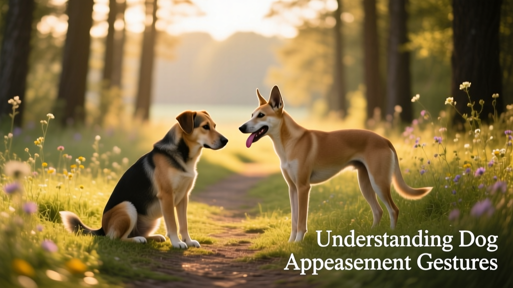 Two dogs meeting on a grassy path: one sits calmly with soft eyes and a slightly averted gaze, the other stands relaxed with loose posture and tongue lolling