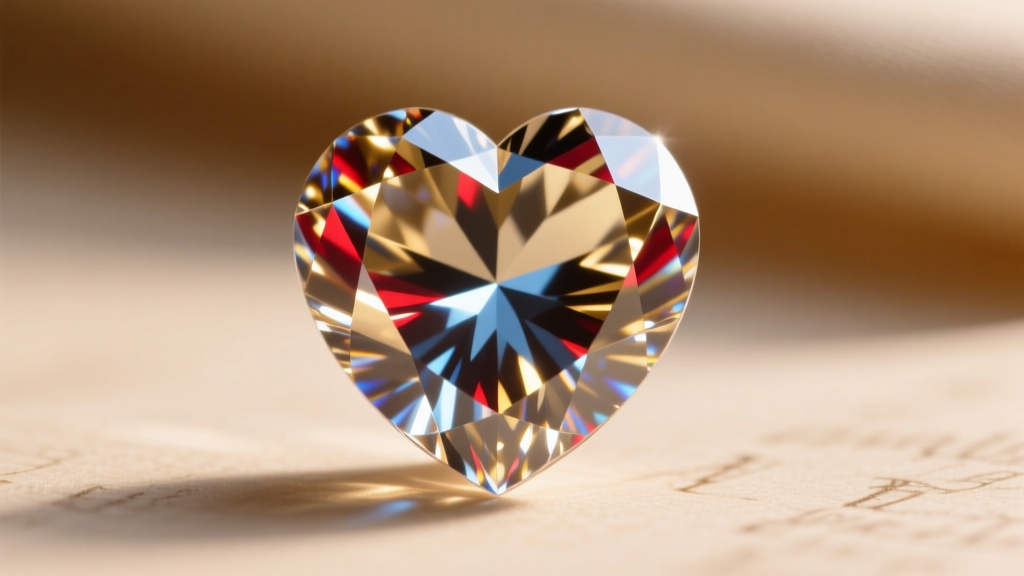 Macro shot of a heart-cut diamond's facets, highlighting the sharp cleft and a subtle dark bowtie shadow across the center stone.