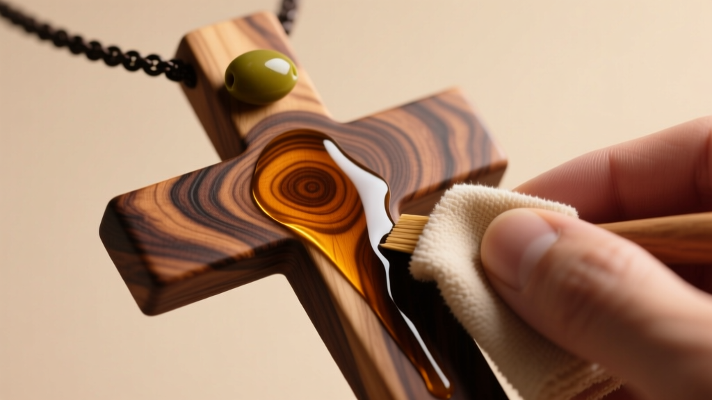 Mineral oil applied to an olive wood crucifix necklace with a soft cloth, revealing the rich amber color and dark swirling grain.