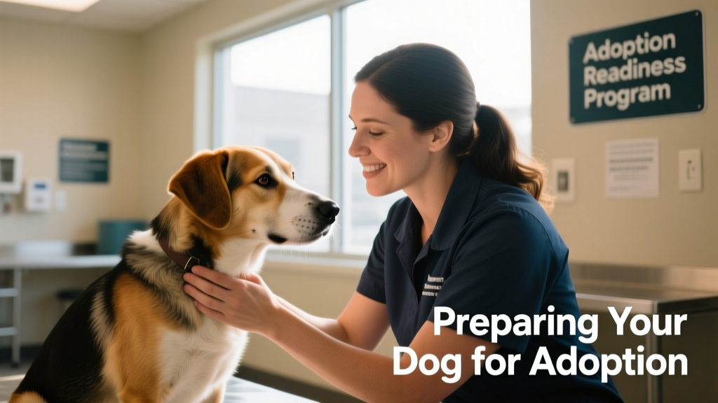 Shelter staff gently examining a calm, friendly dog during a wellness check