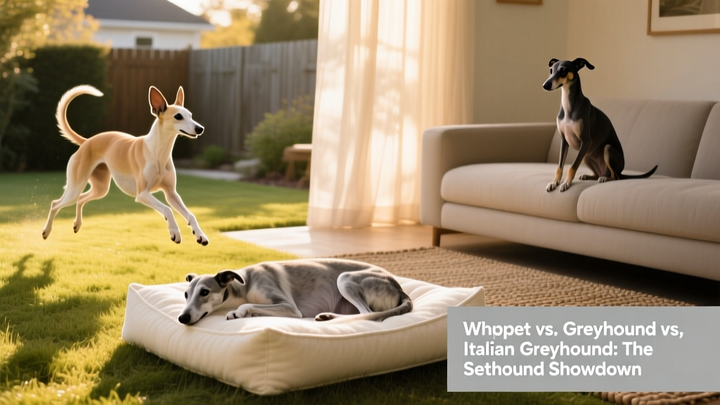 A relaxed Greyhound lounging on a plush dog bed, a Whippet mid-play in a grassy yard, and an Italian Greyhound perched alertly on a sofa