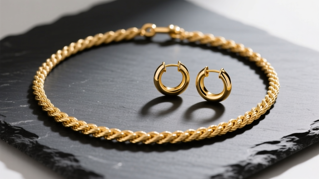 Flat lay of a 14k solid gold rope necklace and matching 5mm gold hoop earrings on dark slate with soft lighting