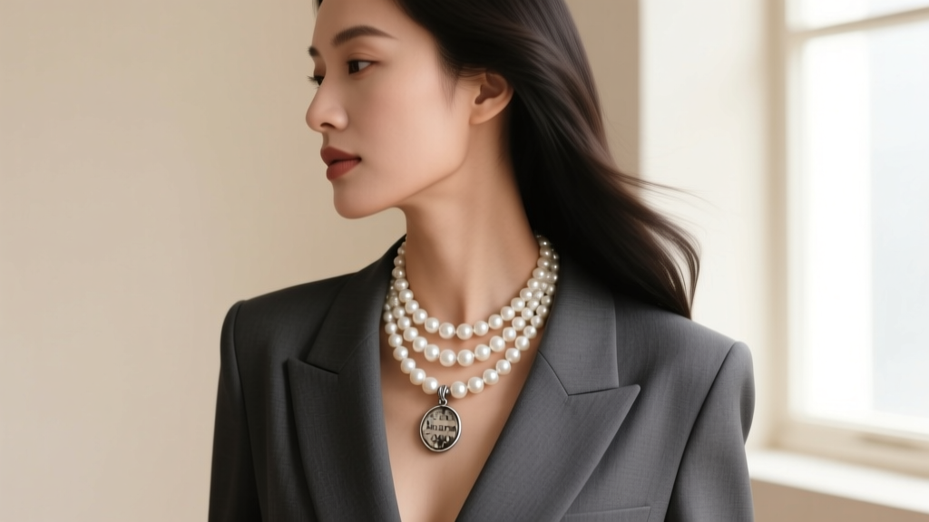 Side profile of a woman wearing a layered pendant pearl necklace with an oxidized silver bail and a deep V-neck charcoal blazer.