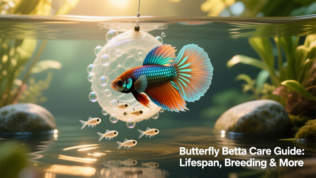 Male Butterfly Betta guarding a delicate bubble nest with newly hatched fry visible below