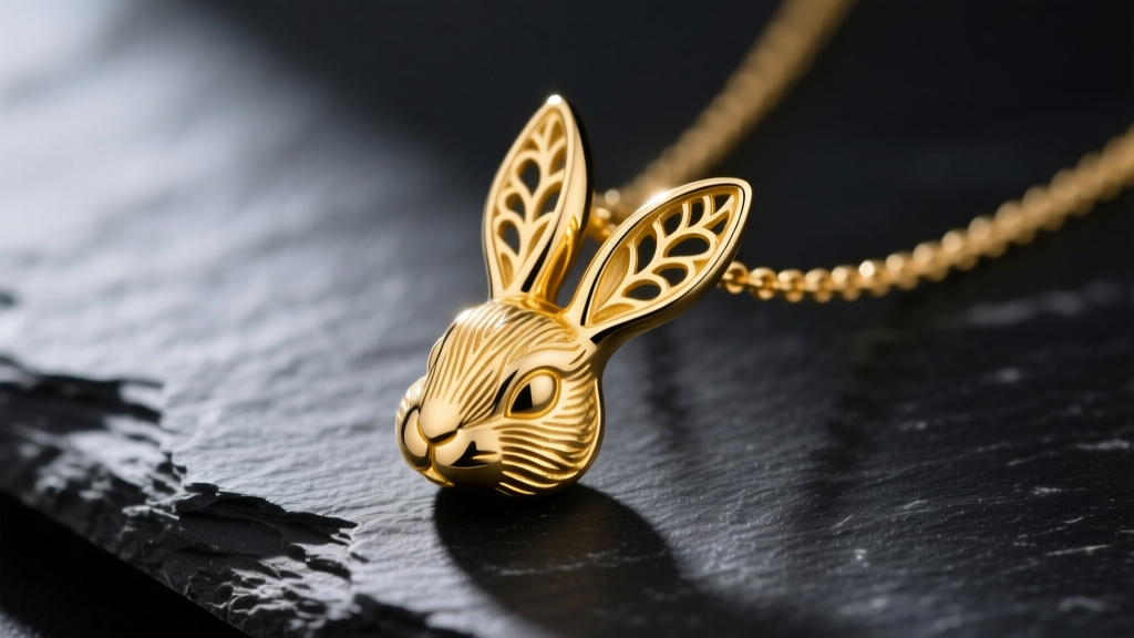 Macro shot of a 14k yellow gold bunny necklace pendant on dark slate, highlighting the intricate cast textures of the rabbit ears