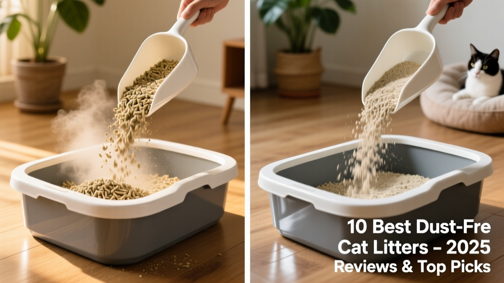 Side-by-side comparison of dusty vs. dust-free cat litter pouring into a litter box