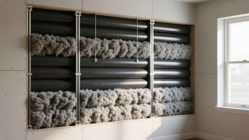 Interior wall framing revealing dense mineral wool batts, mass loaded vinyl, and resilient channels installed for acoustic soundproofing