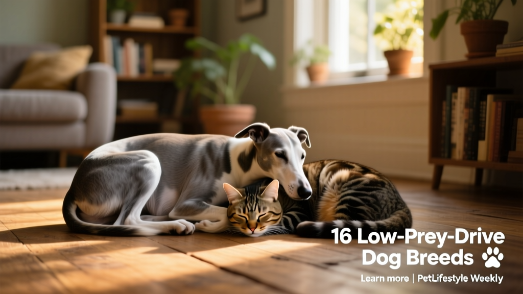 A serene Greyhound curled up next to a sleeping tabby cat