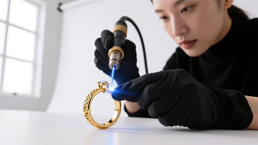 Jeweler using laser welder to close a 14k gold jewelry jump ring on a delicate charm finger ring to prevent lateral gaping
