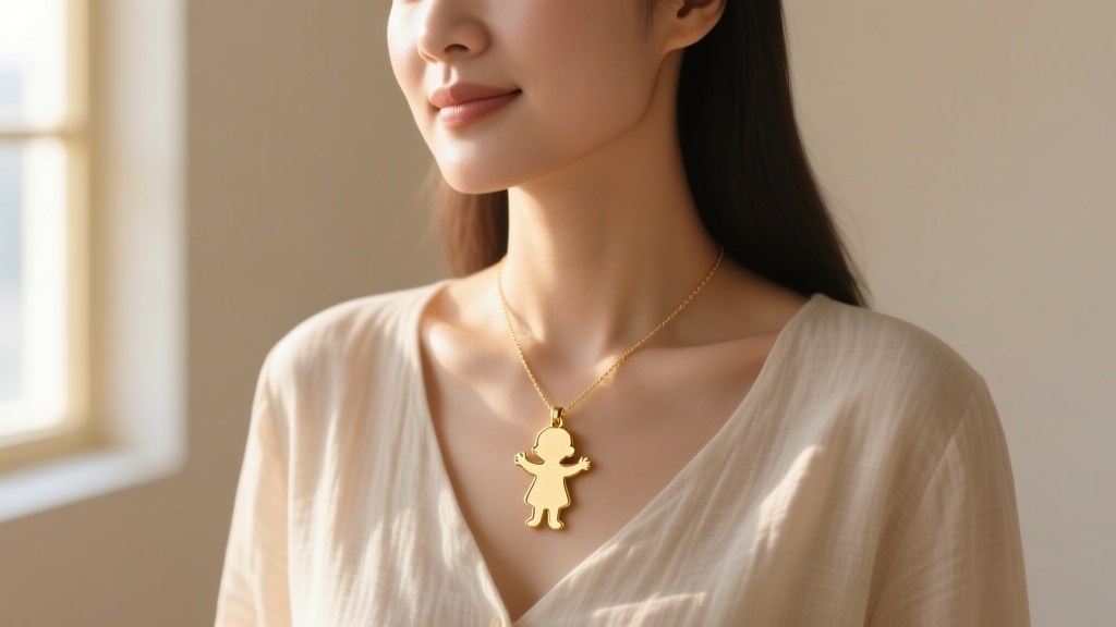 Mother wearing a custom gold pendant shaped like a child's crayon drawing, smiling in natural sunlight against a soft beige wall