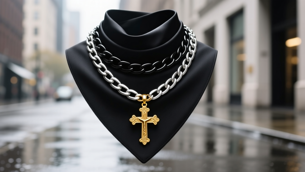 Street style shot of a black chain with an orthodox gold cross pendant layered beside a silver Cuban link chain in soft lighting