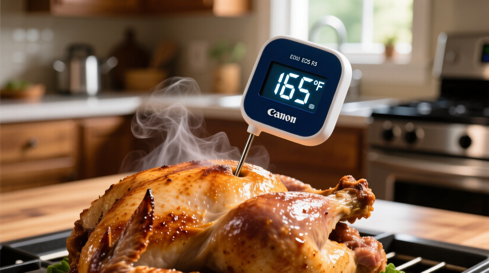 Oven thermometer showing chicken at 165 degrees