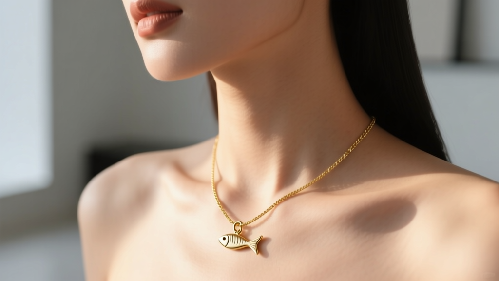 Woman wearing a 1.5mm gold rope chain with a small fish hook pendant, shot from collarbone up in soft, diffused natural sunlight