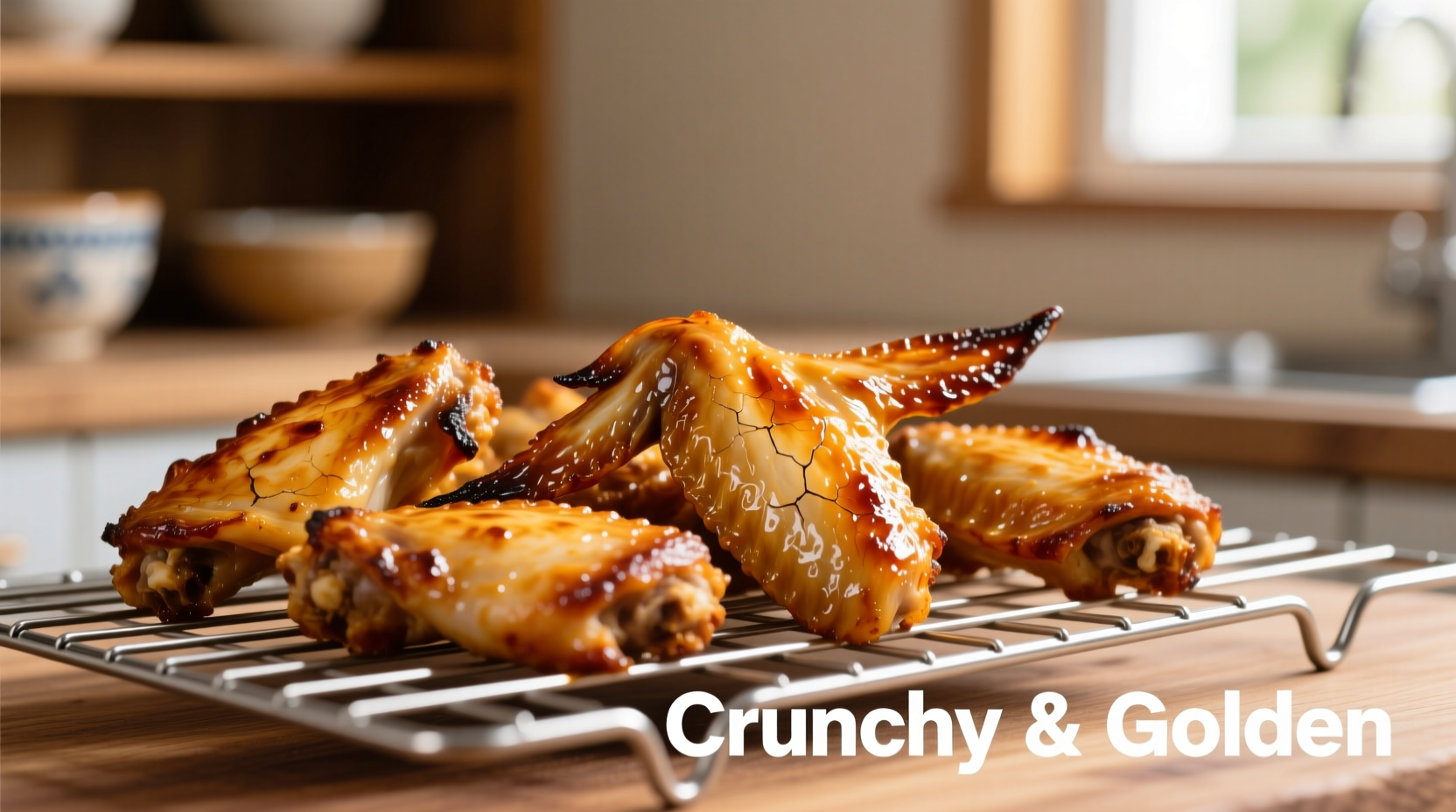 Crispy golden oven-baked chicken wings on wire rack