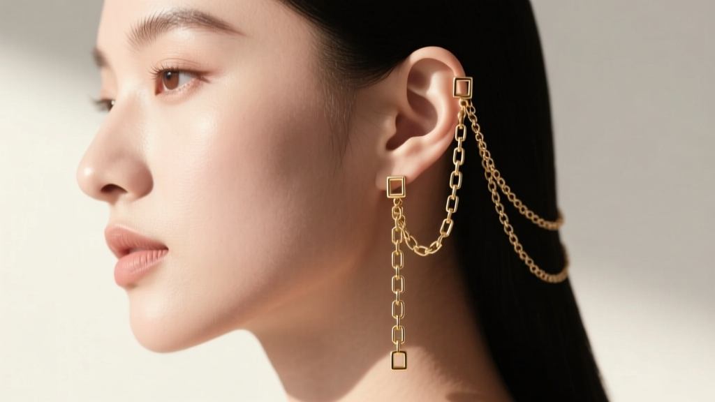 Side profile of a model wearing a double earring chain setup with a fine box chain draped elegantly over the upper ear cartilage.