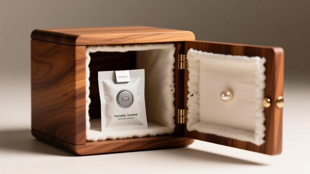 Humidity control packet tucked into a side compartment of a custom cedar and cotton pearl storage vault under soft studio lighting