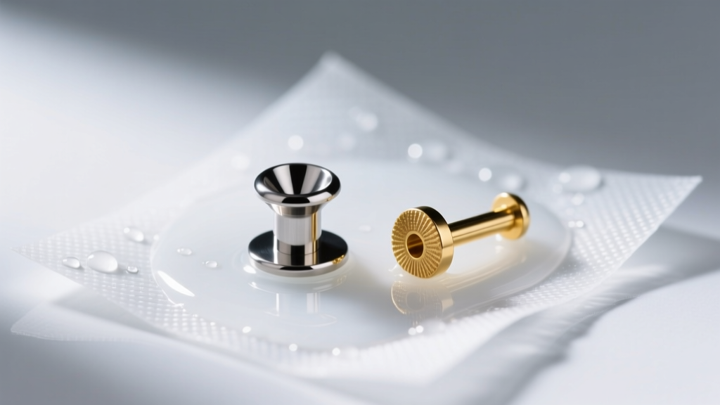 Macro shot of an 18-gauge titanium flat back labret beside a 20-gauge gold post on a sterile saline wipe, bright studio lighting.