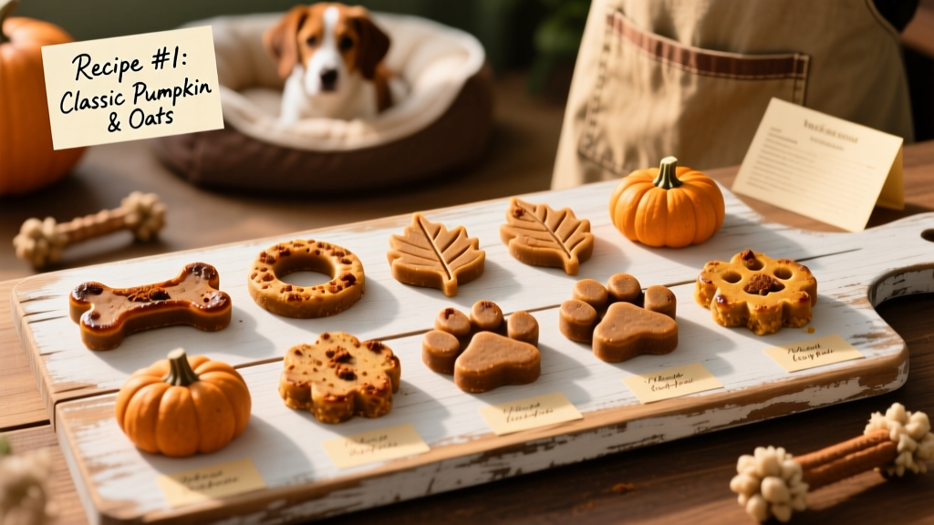 A collection of ten different pumpkin dog treats arranged on a rustic wooden board