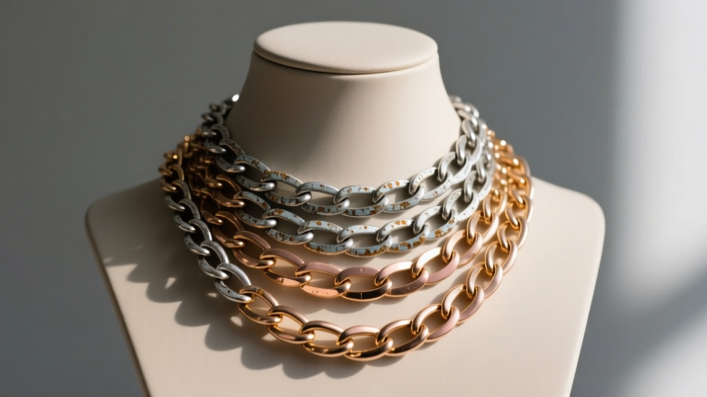 Layered stack of oxidized silver and rose gold chains on a display bust, showing contrasting metal tones and subtle patina details