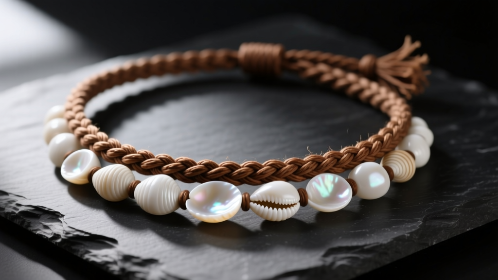 Close-up of a thick, naturally tumbled white puka shell necklace on a braided brown waxed cotton cord, resting on dark slate.