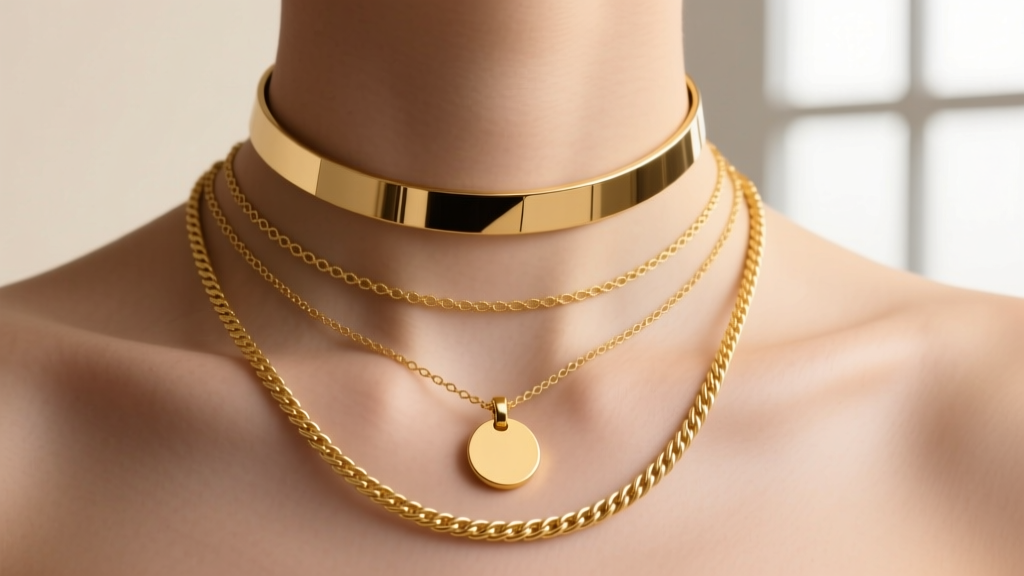 Close-up of a 3-tier gold necklace stack with 14-inch choker, 18-inch pendant, and 24-inch cable chain on a collarbone.