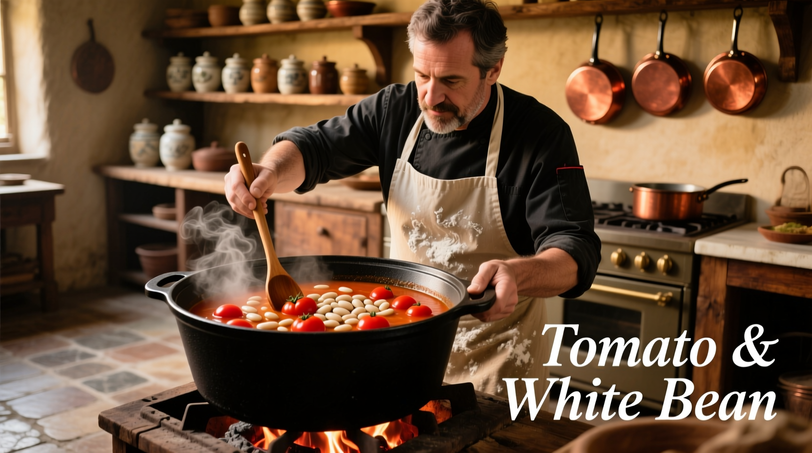 Chef preparing tomato white bean soup in cast iron pot