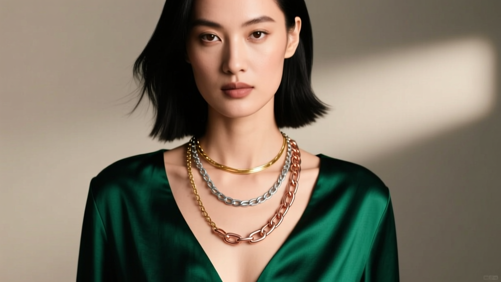 Fashion portrait of a woman wearing three layered slip chain necklaces of varying lengths over a dark emerald green silk top
