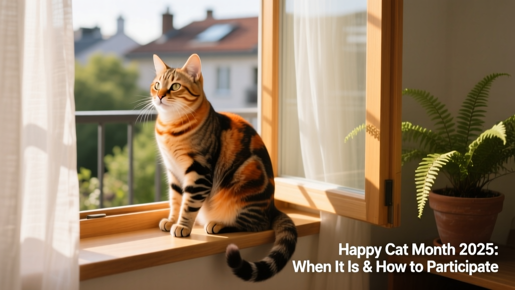 A joyful tabby cat sitting on a sunlit windowsill, gazing out with relaxed posture