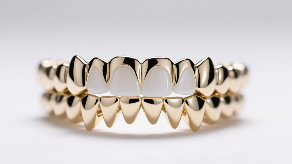 Polished 12k white gold dental grill under a bright LED lamp, highlighting the mirror finish and precise tooth contours.